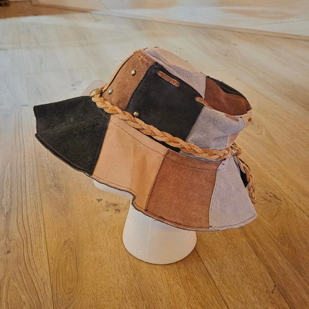 Vintage‎ Patchwork Suede Bucket Hat Wide Brim Braided Detail Button Accent